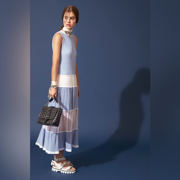 RED VALENTINO Point Desprit-paneled Striped Cotton Midi Dress In Blue  Medium Women
